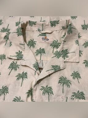 Marine Layer Green Palm-Print Short-Sleeve Shirt AOP Hemp Blend Cream White EUC